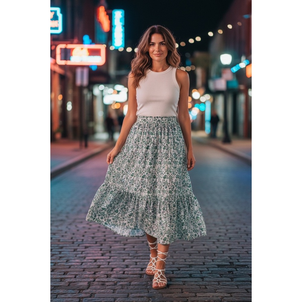 Xirena Green White Floral Tiered Midi Skirt Sz XS Bohemian Cottagecore Flowy